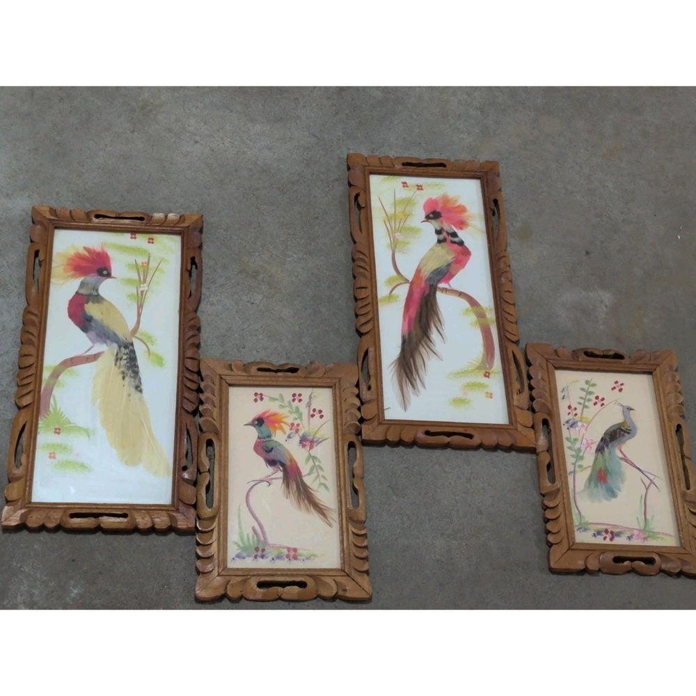 Vtg. Mexico Art Feather Handmade Colorful Bird Pictures Wood Framed lot 4